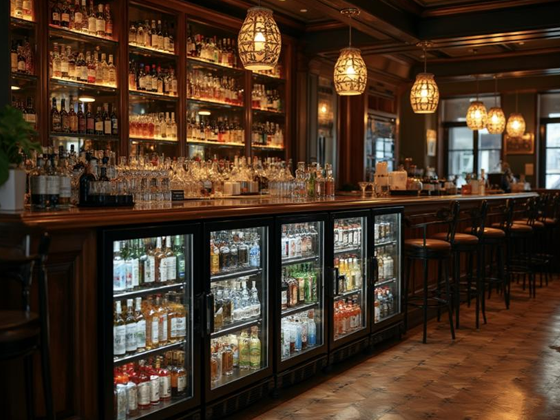 Luxury bar counter with premium spirits display and elegant glassware